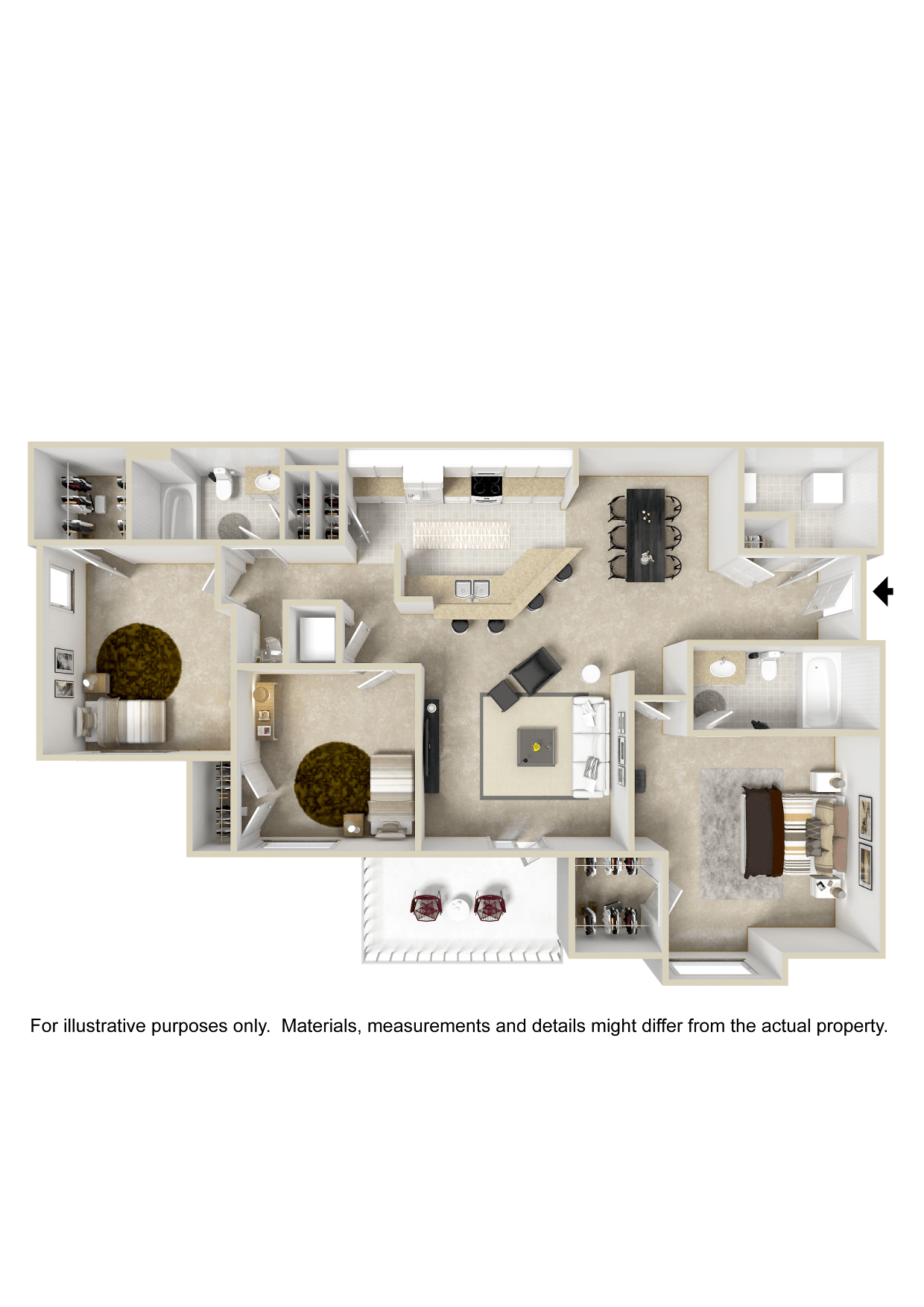 Floor plan for 3 beds, 2 baths, 1355 sqft